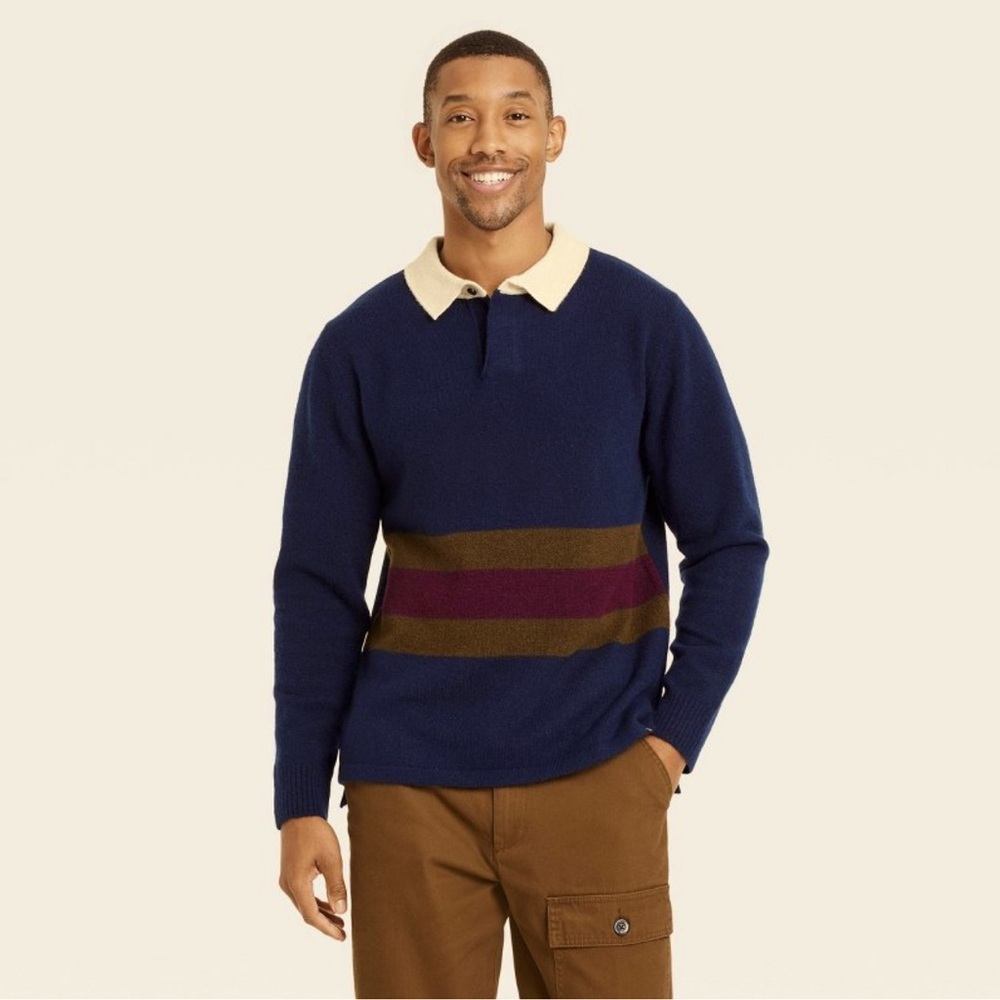 NWOT Houston White Wool Blend RugbyCollared Sweater in Navy, Olive & Wine,Medium
